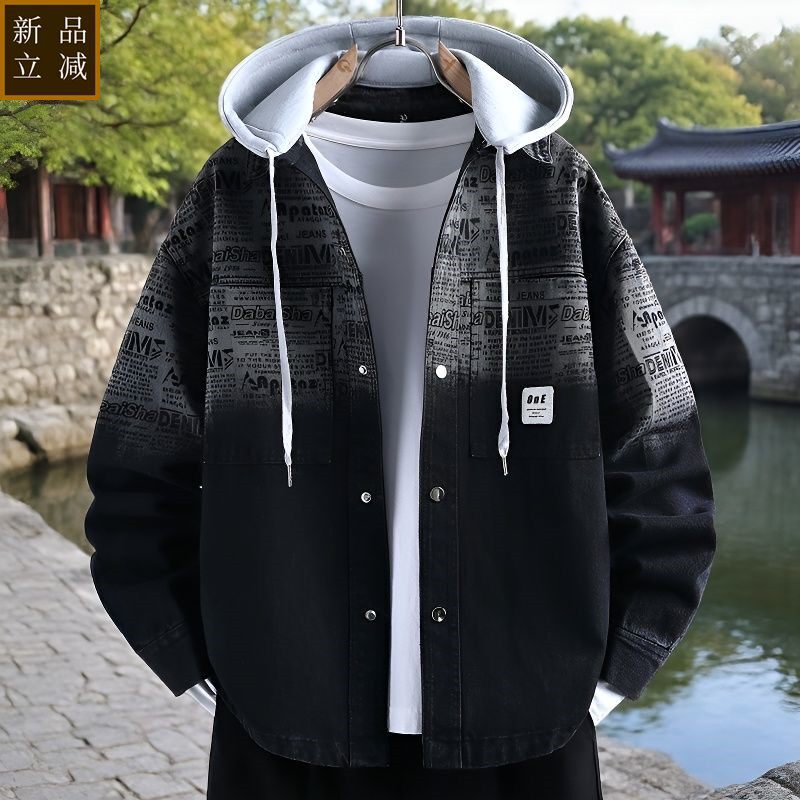 品质青少年春秋外套潮流印花渐变牛仔连帽初高中学生潮流男装帅气