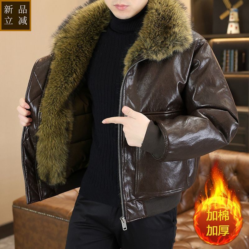品质高档皮衣男貂绒毛领加厚潮流轻奢座山雕休闲百搭冬装亮皮夹克