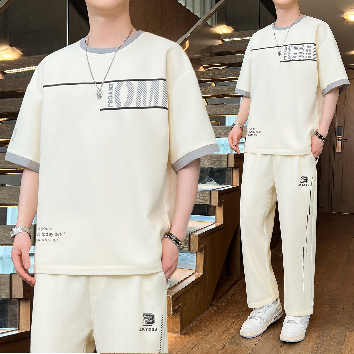 短袖t恤套装男夏季休闲运动长裤一套搭配帅气潮流冰丝穿搭一整套