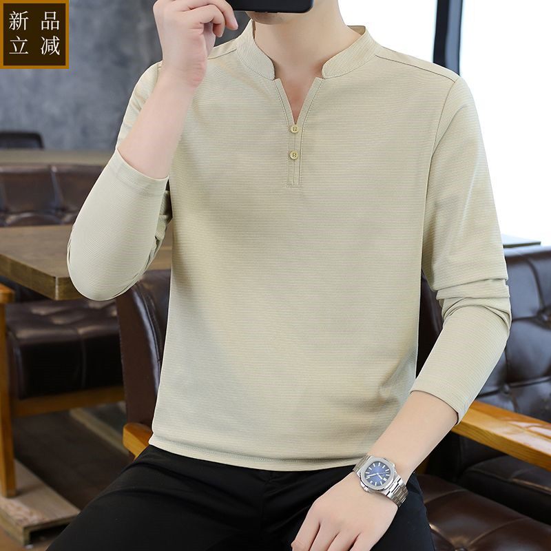 品质高端长袖t恤男v领2025秋季薄款打底衫男士潮流简约秋装内搭上