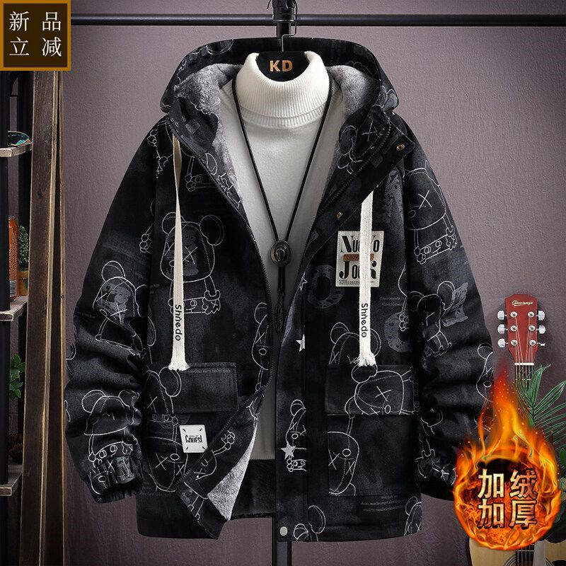 品质秋冬季青少年加绒牛仔外套男孩初高中生新款加厚保暖连帽夹克