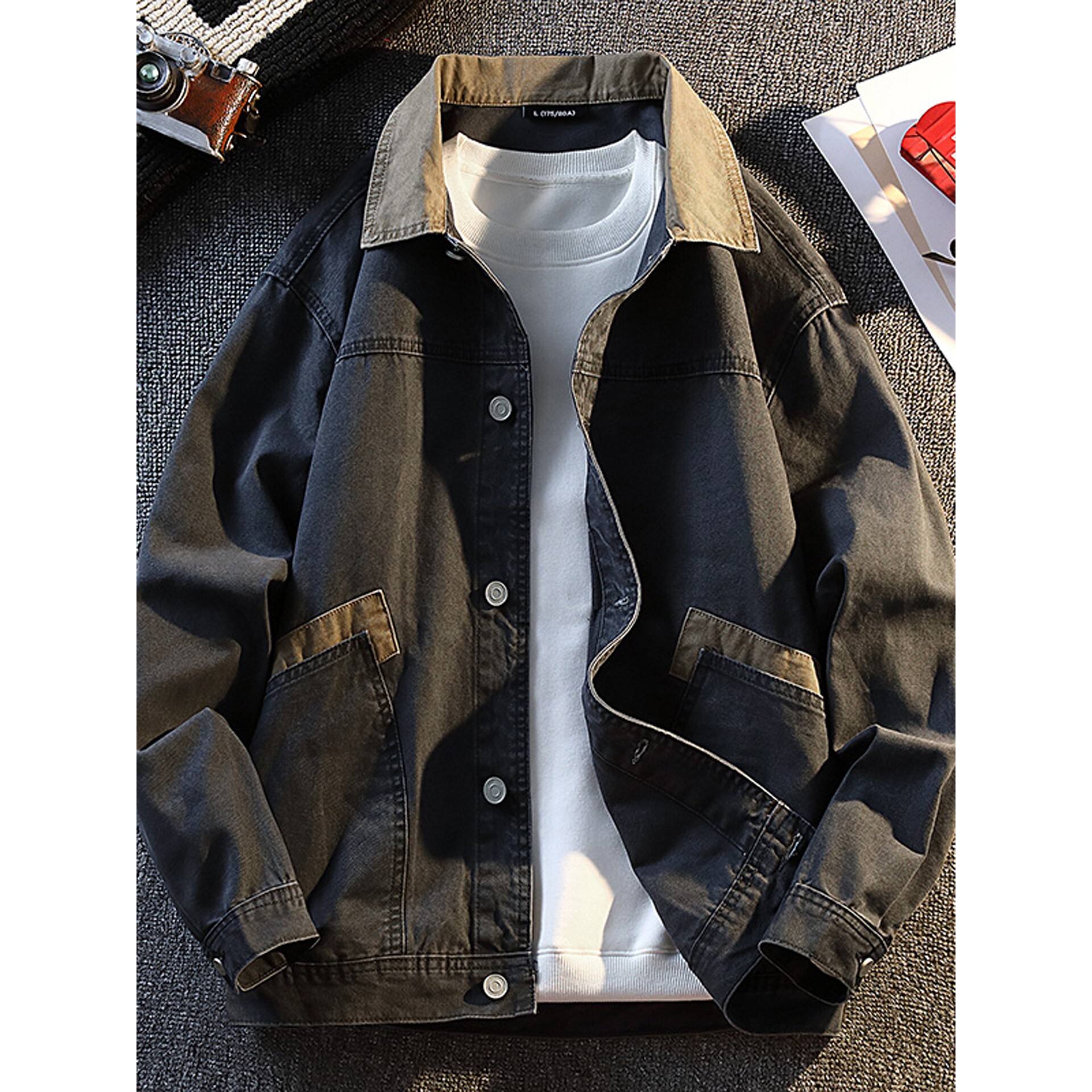 美式复古牛仔外套男款春秋季高级感潮牌撞色休闲纯棉翻领工装夹克