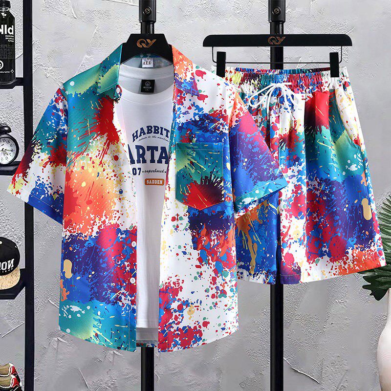 海边冰丝短袖花衬衫男夏季三亚旅游休闲衬衣泳裤沙滩短裤速干套装