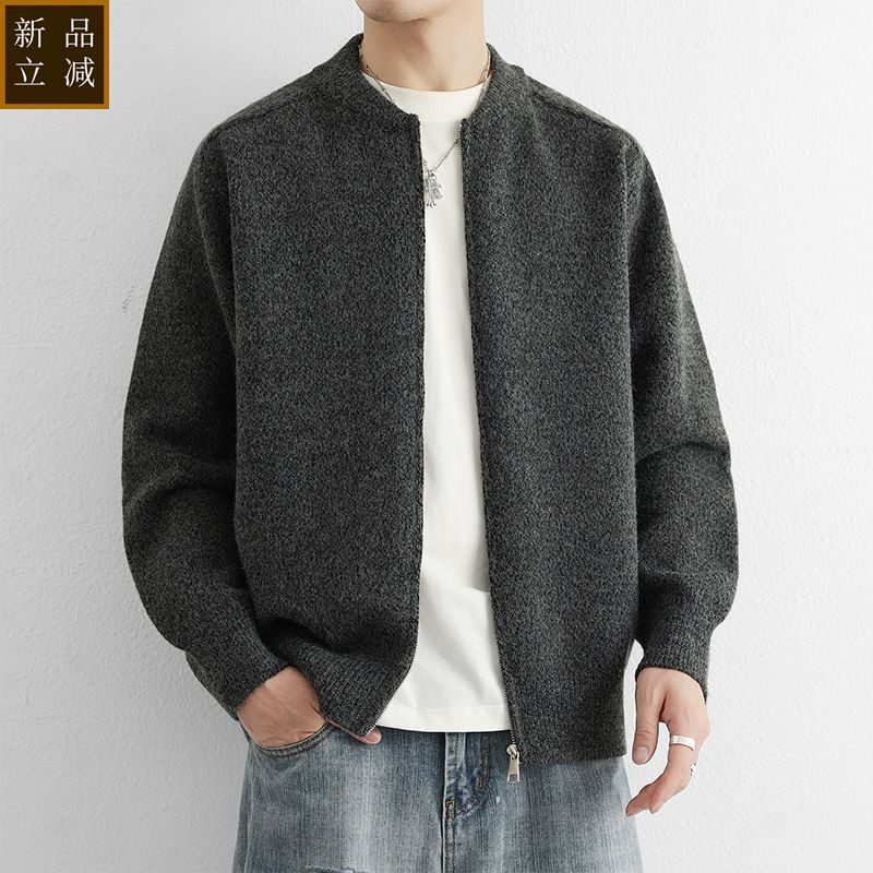 品质纯色棒球领针织开衫男士春秋季外穿毛线衣拉链衫简约休闲毛衣