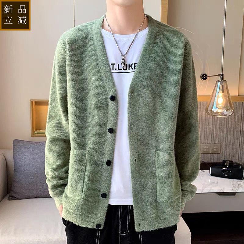 品质水貂绒针织开衫男士毛衣外套春秋季宽松休闲薄款线衣外搭羊绒
