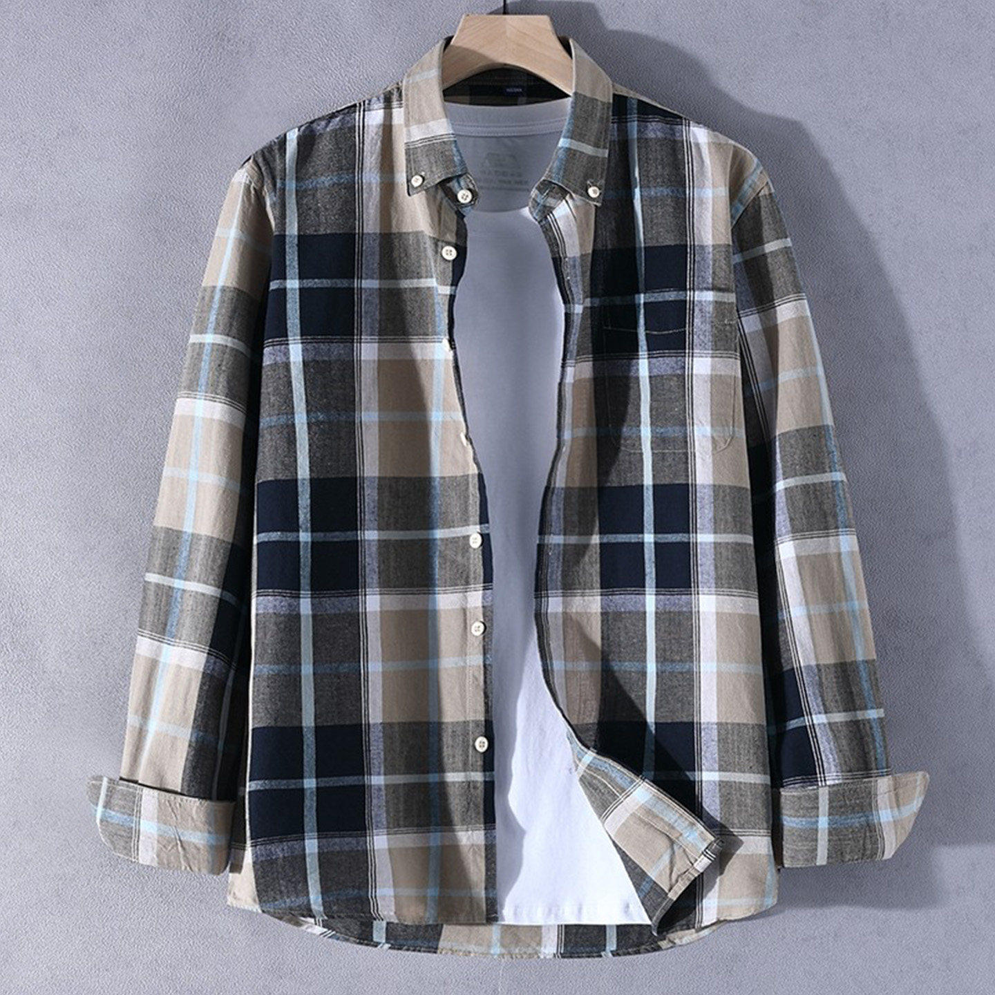 100%纯棉蓝色春夏防晒外套青少年中学生大童衬衣服格子长袖衬衫男