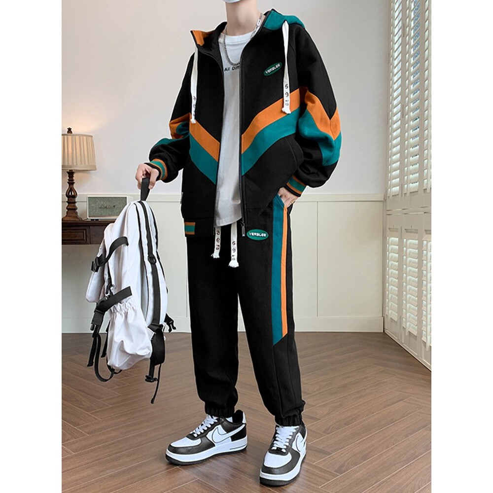 休闲运动套装男秋冬款连帽撞色外套男士青少年一套搭配帅气夹克衫