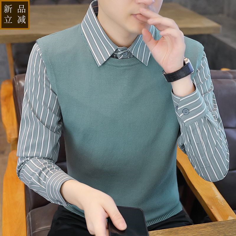 品质秋冬季假两件毛衣男潮流衬衫领针织衫保暖毛衫条纹男装上衣打