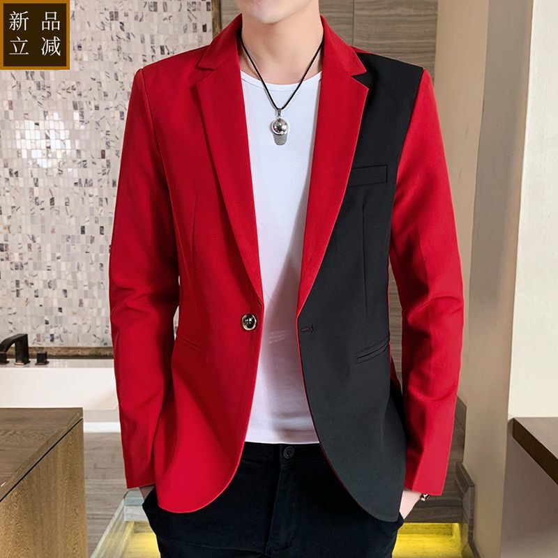 品质韩版潮流修身西服春秋青年单西便服英伦黑红拼色小西装帅气外