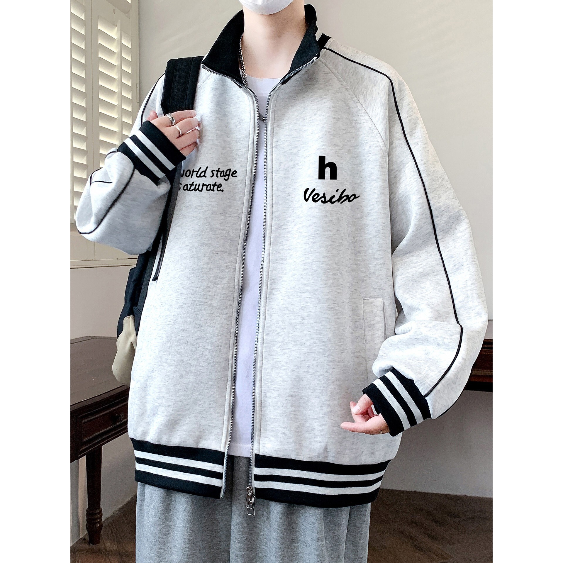 开衫立领卫衣男士春秋季宽松夹克青少年潮流帅气春装男装上衣外套