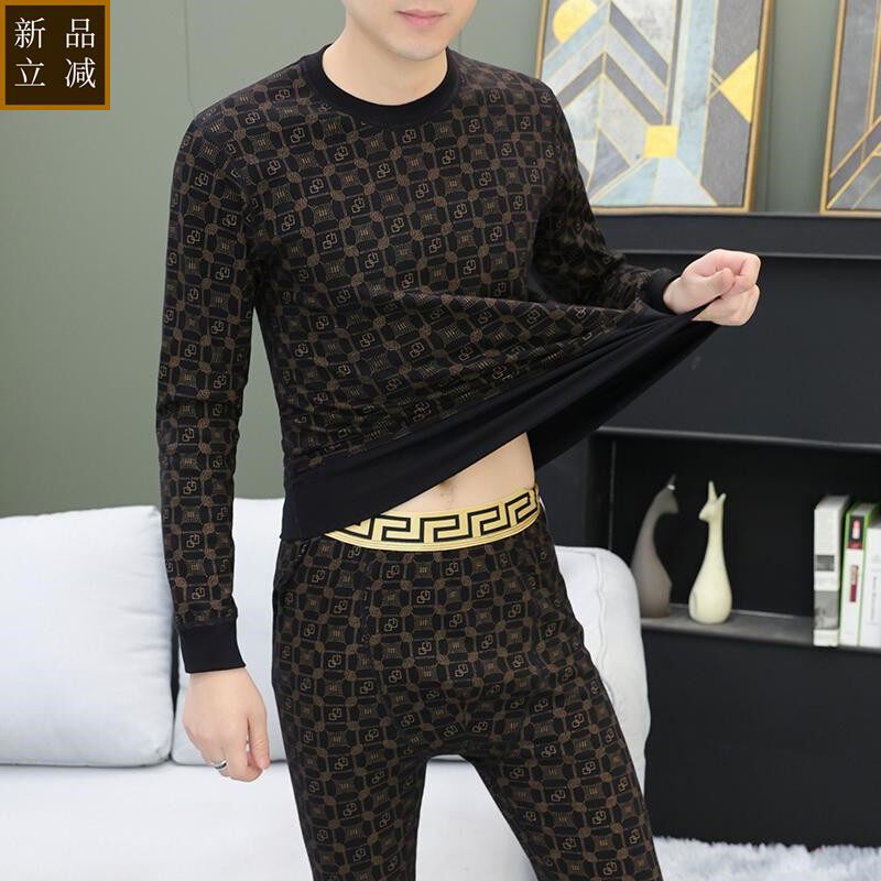 品质纯棉男士秋衣秋裤两件套潮流欧洲站保暖内衣套装全身印花个性