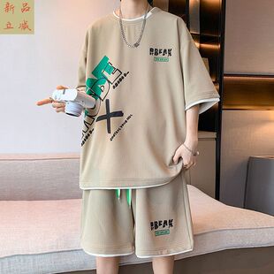 短袖短裤套装男夏季潮牌宽松假两件冰丝t恤男装一套搭配帅气衣服
