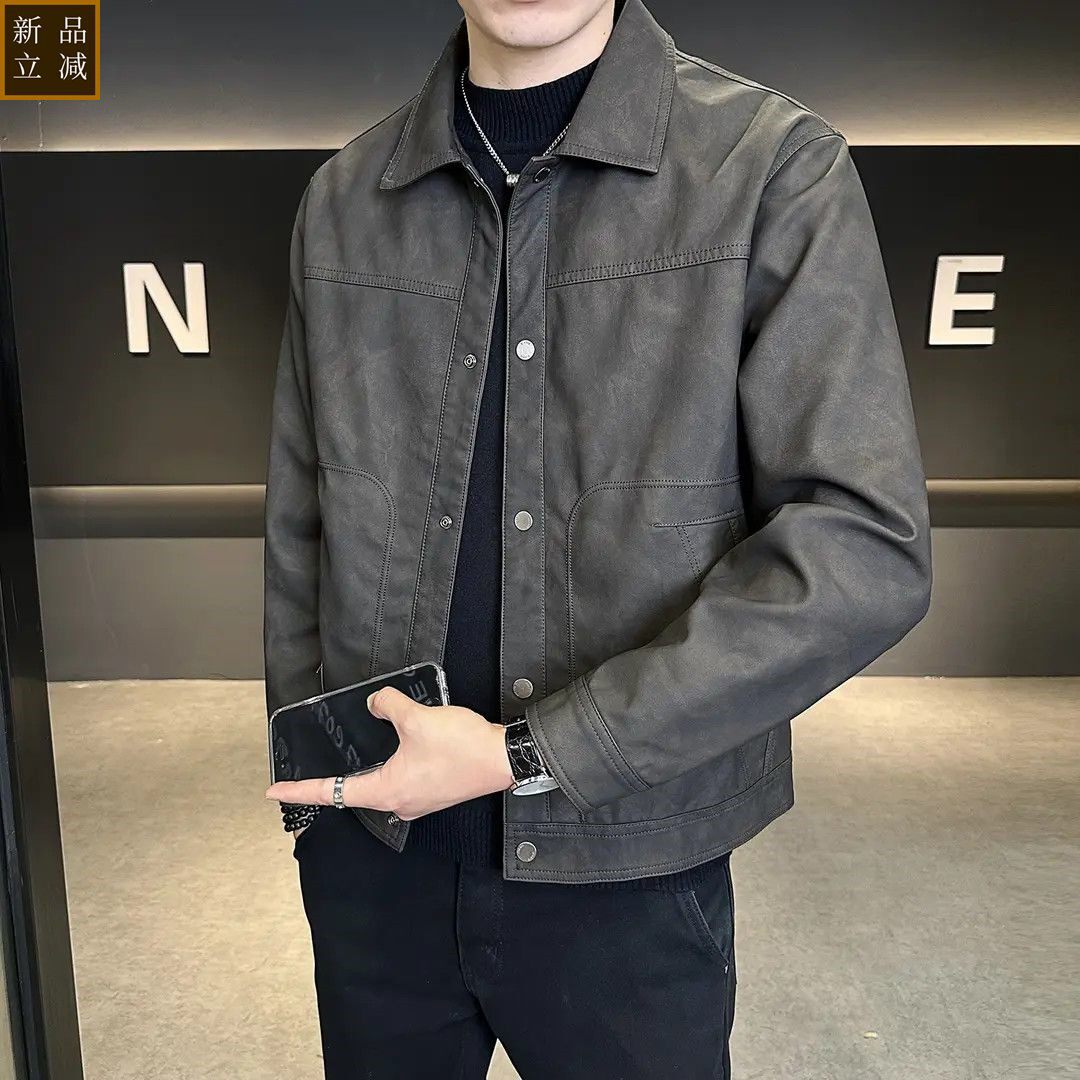 品质皮衣男翻领春秋季2026新款休闲帅气潮流百搭高级感抗皱夹克外