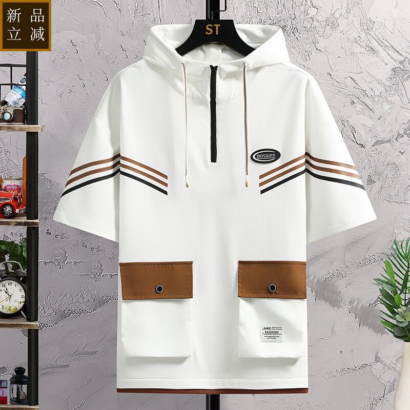 连帽短袖t恤男士夏季白色工装半袖衣服潮牌卫衣凉感冰丝男生衣服