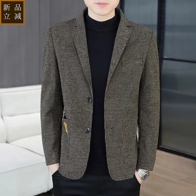 品质春秋季西装男外套韩版潮流休闲千鸟格小西服男士高档修身单西