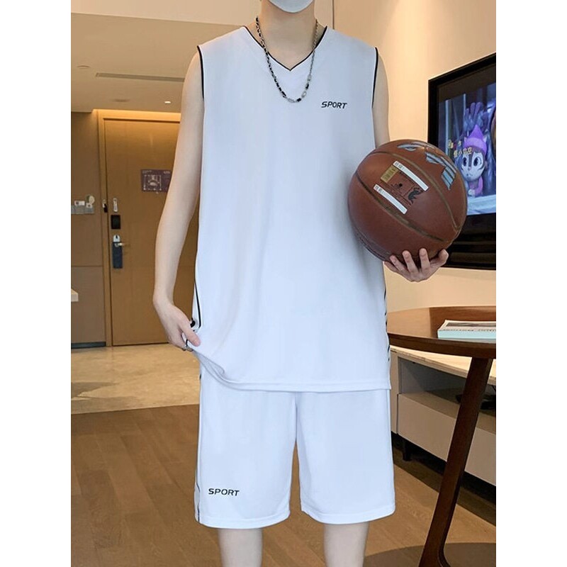 休闲运动套装男夏季冰丝凉感T恤青少年背心短裤球衣定制篮球服潮T