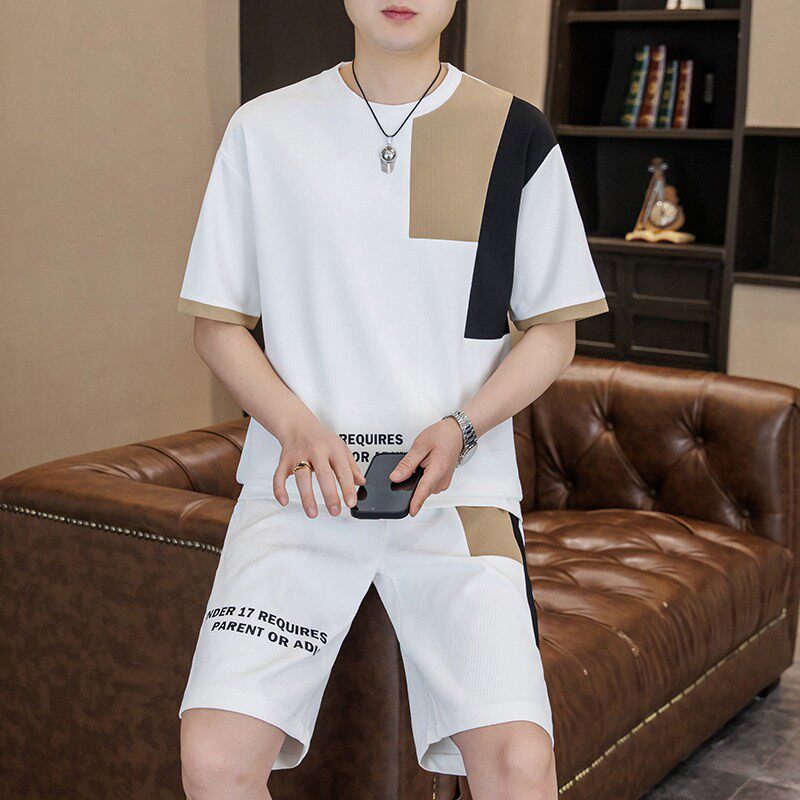 夏季冰丝套装男士宽松薄款潮牌短袖t恤短裤潮流休闲帅气搭配一套