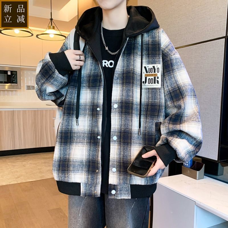 品质春秋季假两件连帽休闲宽松夹克男生帅气棒球服青少年格子外套