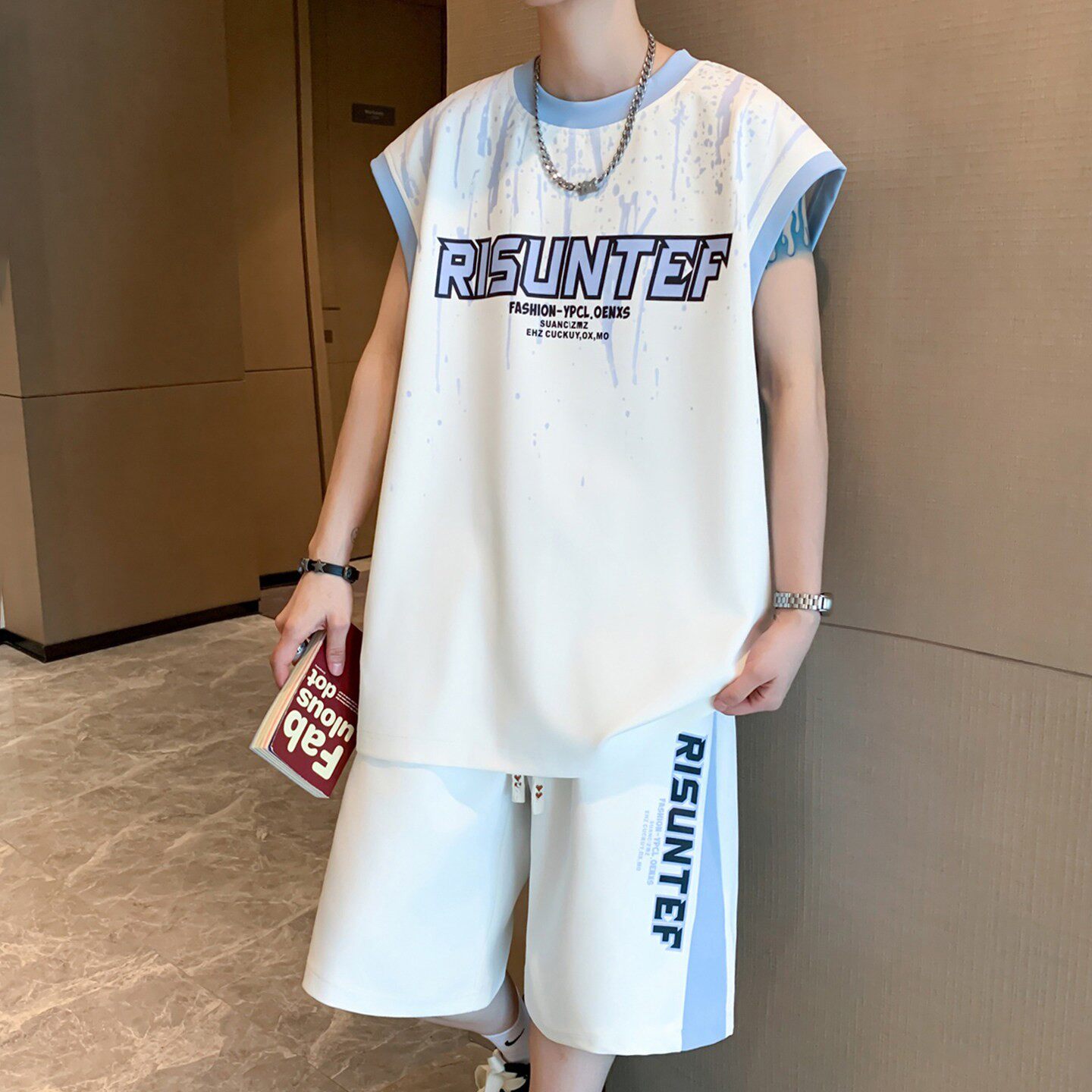 冰丝休闲运动男生套装短袖夏季无袖T恤青少年初高中学生背心衣服