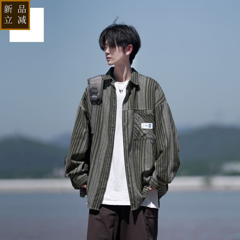 品质正品春秋款新中式大码港风防晒条纹长袖衬衫衬衣外套男