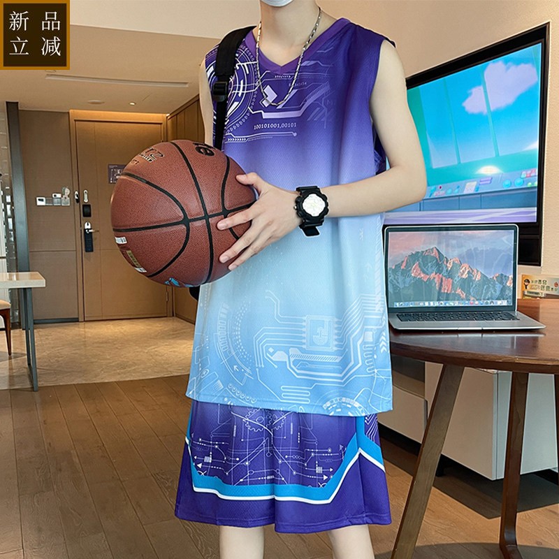 冰丝运动套装男夏季无袖t恤男潮牌渐变色V领背心学生篮球服两件套