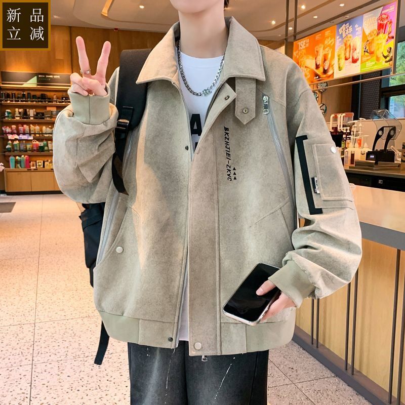 品质潮牌复古麂皮绒夹克男生春秋季条纹2026新款美式青少年痞帅气