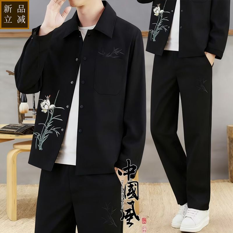 品质春秋季中国风套装男民族汉服翻领休闲套装男新中式复古唐装外