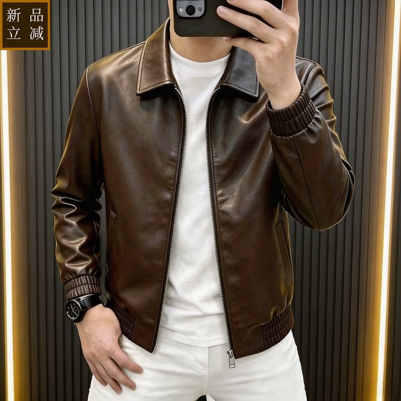 品质春秋新款翻领拉德PU皮夹克皮衣轻奢时尚潮流男装休闲机车上衣