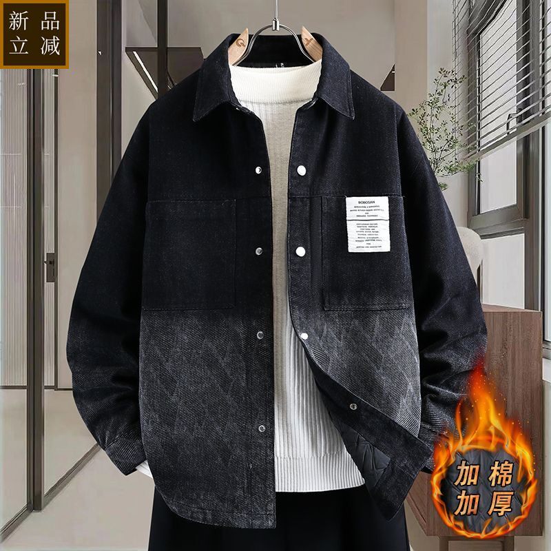 品质秋冬季翻领加棉加厚牛仔夹克外套男士青少年学生保暖宽松休闲
