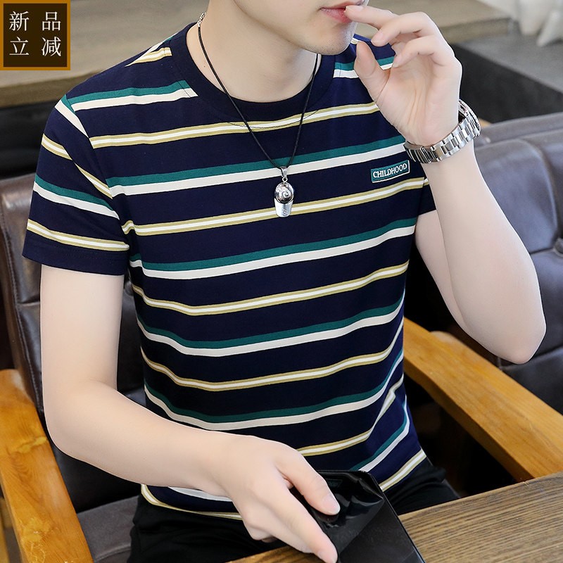 丝光棉短袖t恤男夏季韩版潮流薄款条纹体恤衫速干半袖圆领上衣服