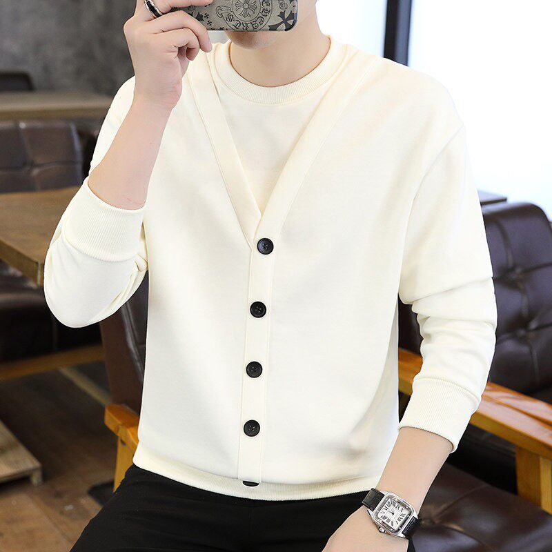 假两件卫衣男士春秋款潮流套头长袖t恤设计感开衫纽扣纯色打底衫