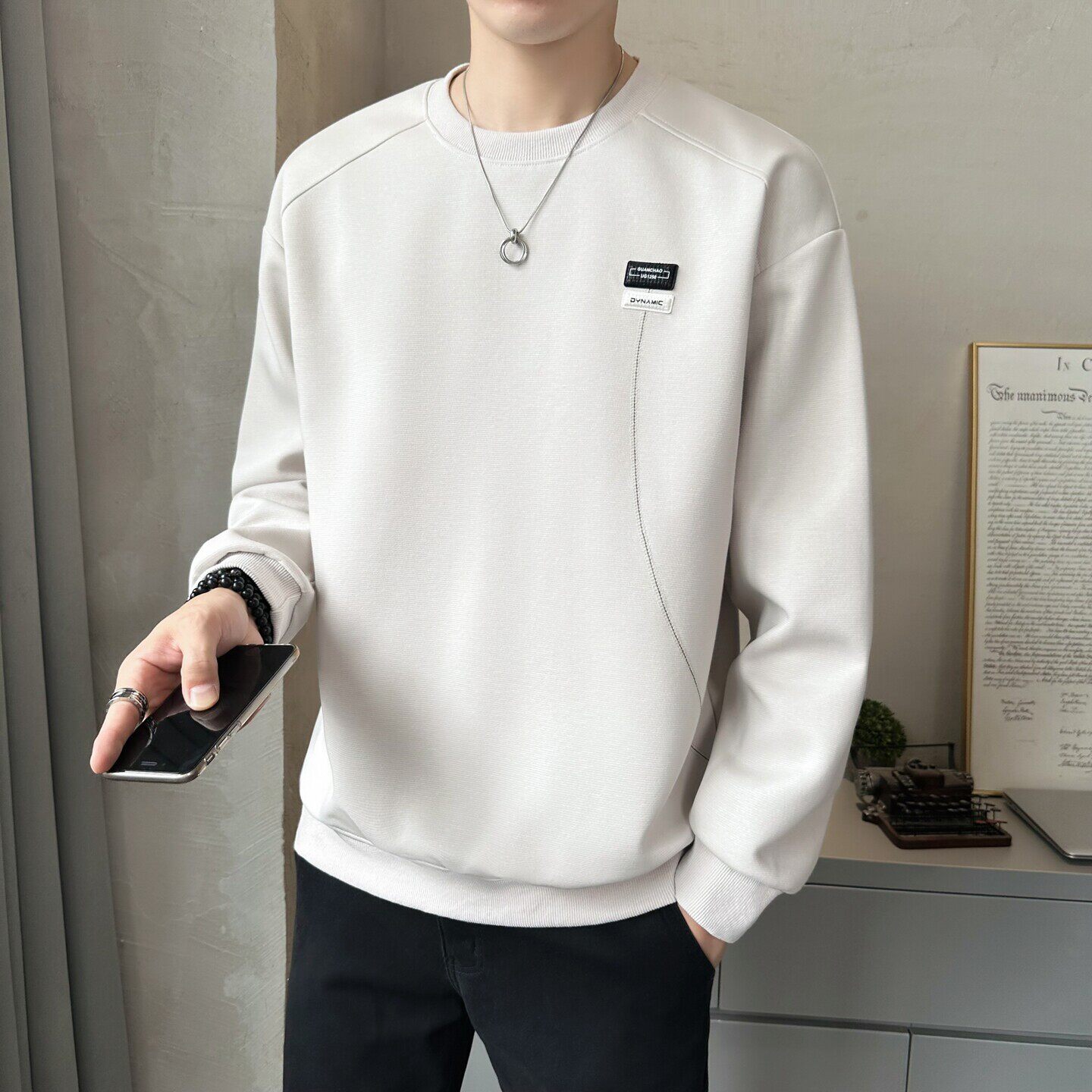 圆领卫衣男士百搭春装2026新款潮牌宽松长袖T恤打底衫男装上衣服