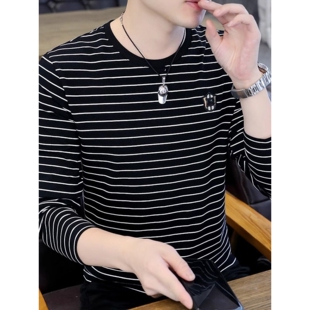 黑白条纹休闲长袖t恤男士春秋季潮流薄款秋装上衣潮牌圆领打底衫