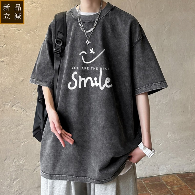 美式复古男士短袖t恤夏季新款宽松情侣纯棉上衣T潮流笑脸半袖体恤