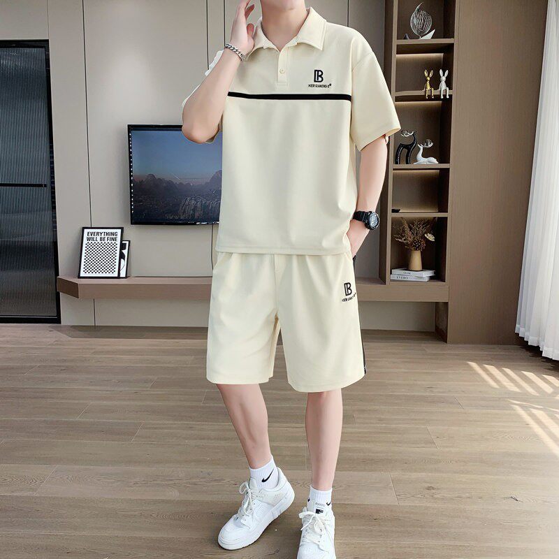 宽松POLO衫短袖短裤运动休闲男士时尚帅气翻领套装夏季透气潮T恤