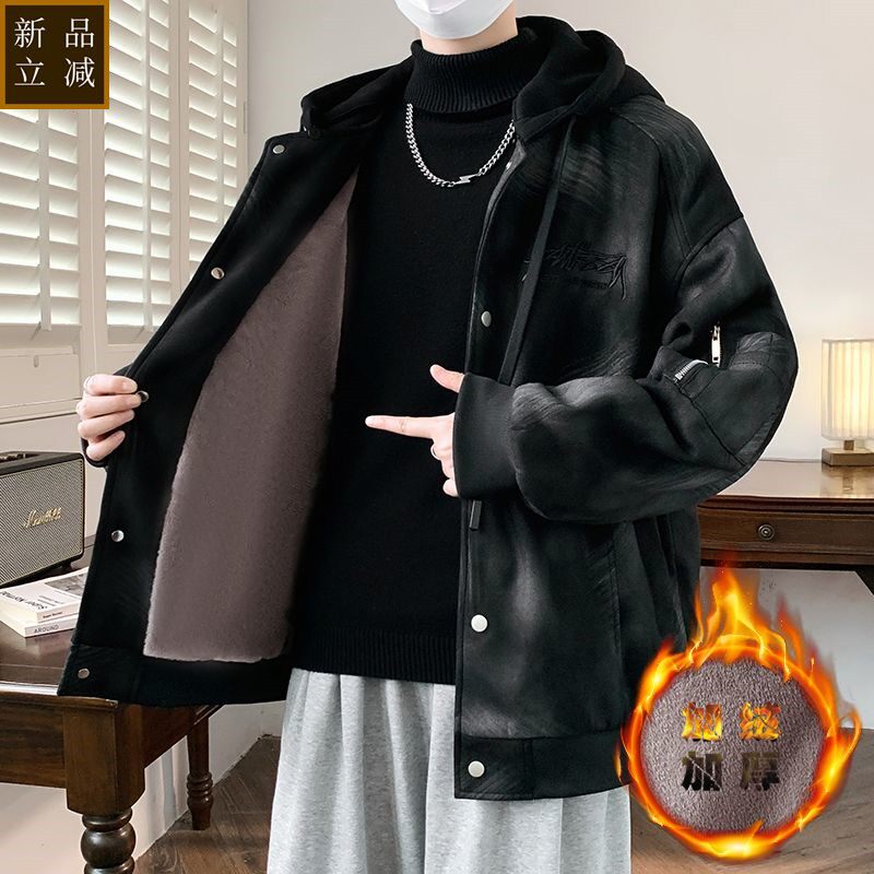 品质冬季加绒加厚棉衣外套男士可拆卸帽青少年夹克防寒保暖鹿皮绒