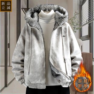 品质高级感男士外套2025新款过冬加绒加厚带帽夹克帅气流行保暖上