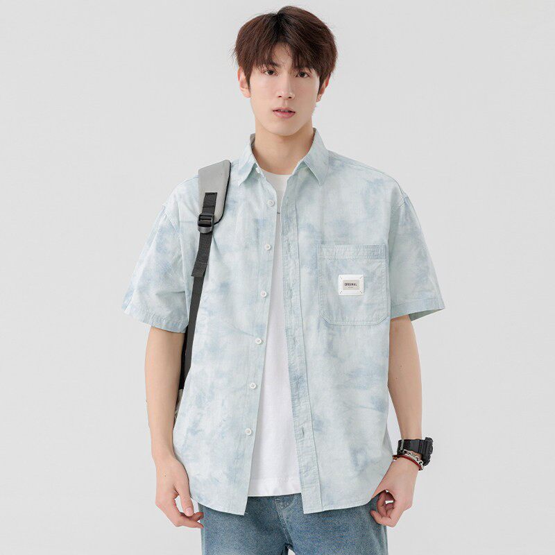 纯棉短袖衬衫男士夏季薄款2026新款水墨画印花休闲工装衬衣外套男