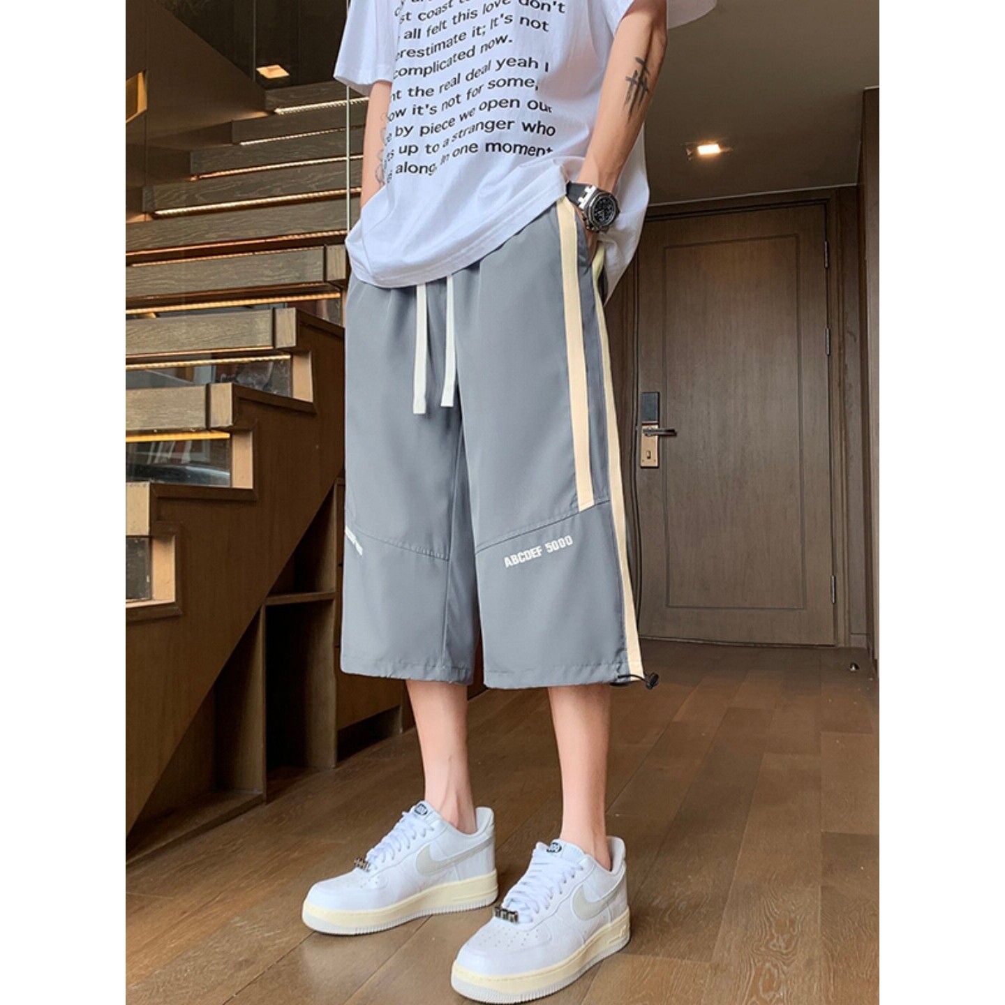 夏季薄款七分短裤男初中高中学生青少年大童冰丝直筒运动休闲裤子