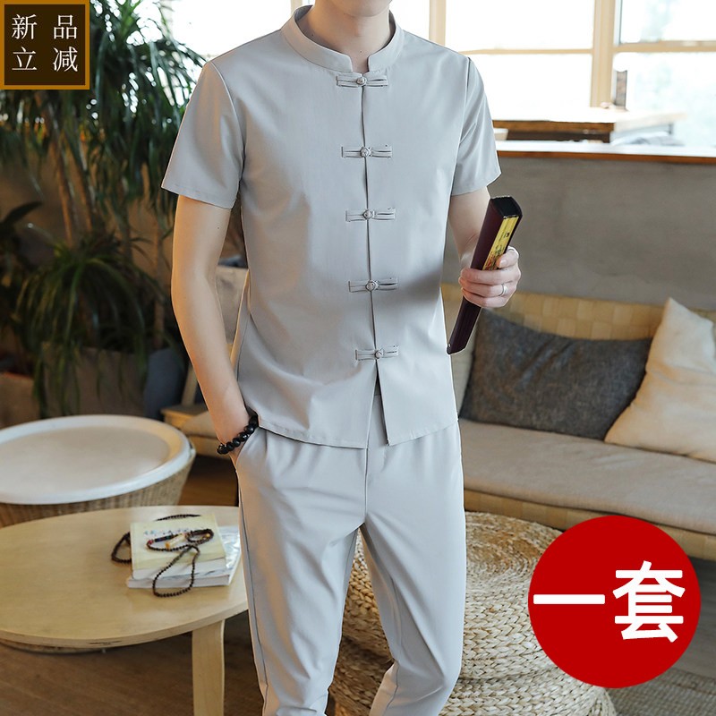 男士短袖立领t恤套装夏季冰丝中国风汉服唐装复古棉麻搭配一套男T