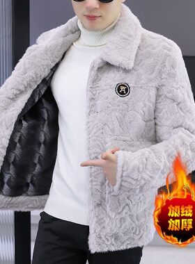 品质秋冬季水貂绒夹克男加绒加厚保暖仿皮草外套青年痞帅韩版毛绒