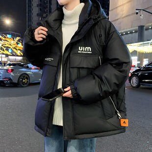 90白鸭绒羽绒服男生冬季轻薄加厚连帽青少年潮牌短款工装外套黑色