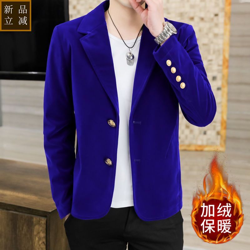 品质西服秋冬季男士外套韩版潮流加绒加厚金丝绒单西休闲西装修身
