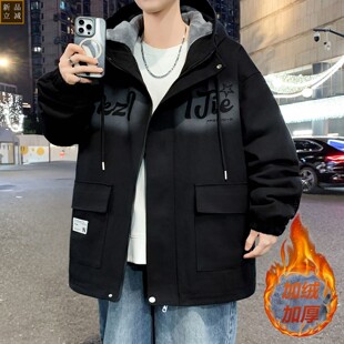 品质秋冬季青少年牛仔外套男生初中高中学生加绒加厚夹克大童保暖