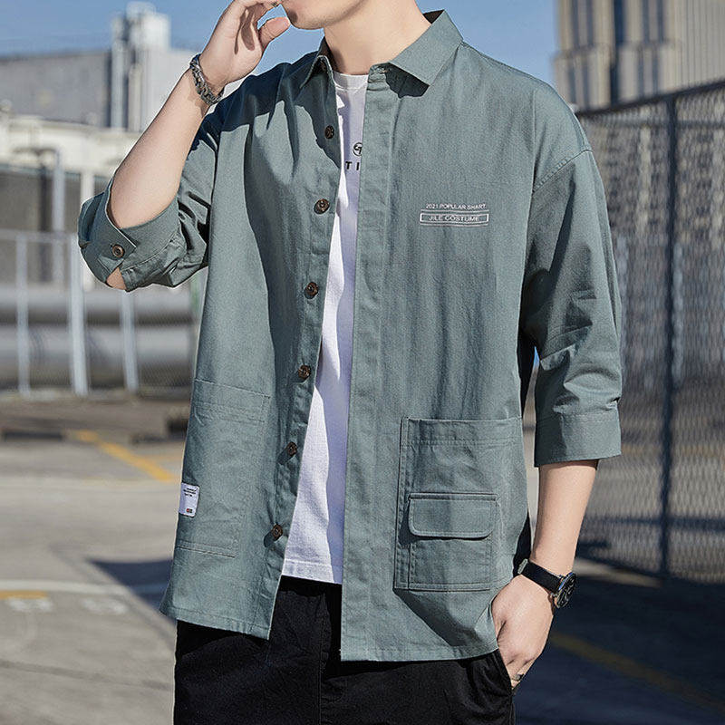 七分袖衬衫男士夏季薄款纯棉中袖工装衬衣休闲潮流外穿短袖外套
