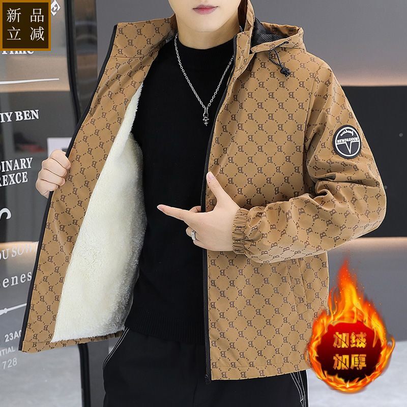 品质秋冬季加绒加厚夹克男潮流帅气保暖棉服男装休闲连帽短款风衣