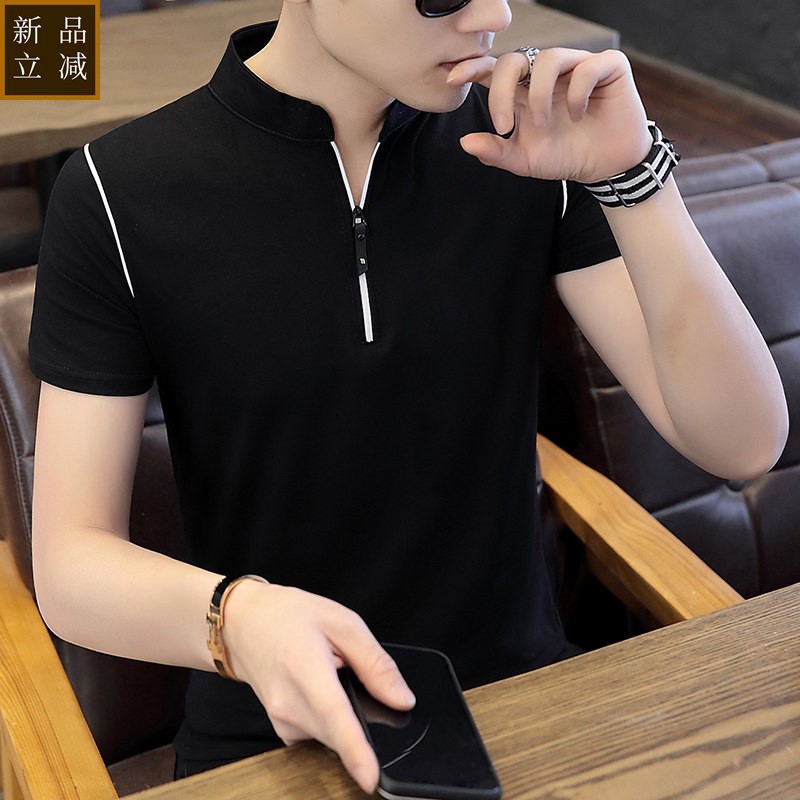 夏季男装短袖t恤男polo衫韩版潮流潮牌修身冰丝体恤立领半袖衣服