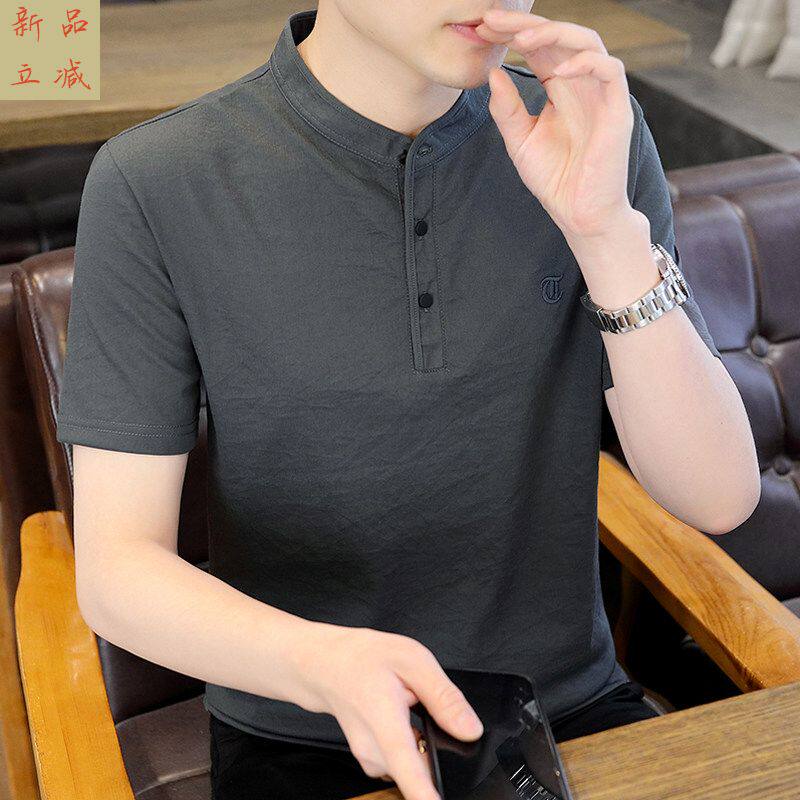 夏季薄款国潮流百搭刺绣中国风男装复古半袖衣服立领短袖t恤男士