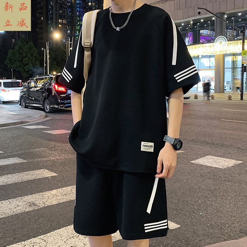 休闲运动套装男夏季短袖t恤男黑色半袖男体恤青少年一套帅气搭配T