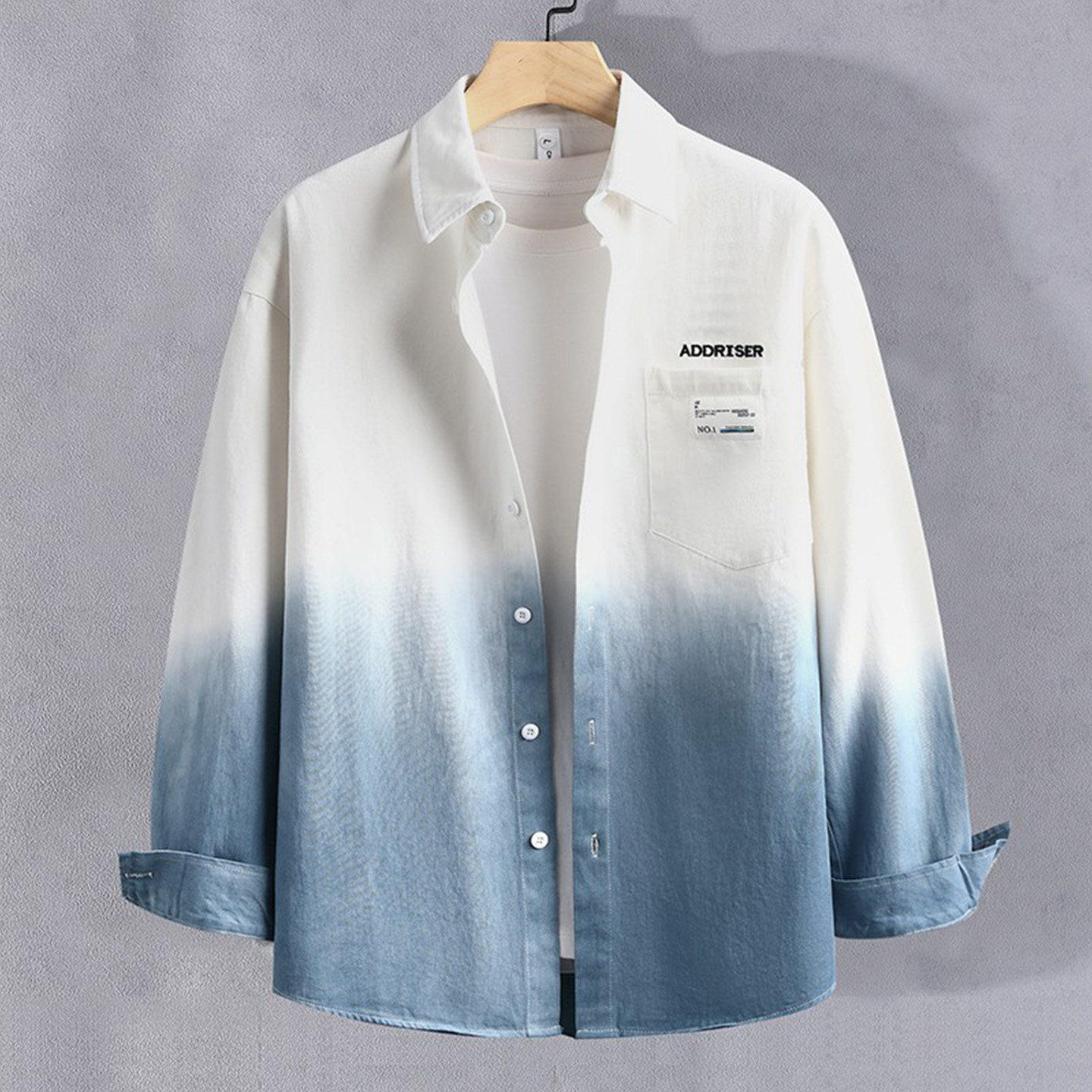 长袖衬衫男春季青少年渐变色100%纯棉初中学生衬衣刺绣大童薄外套